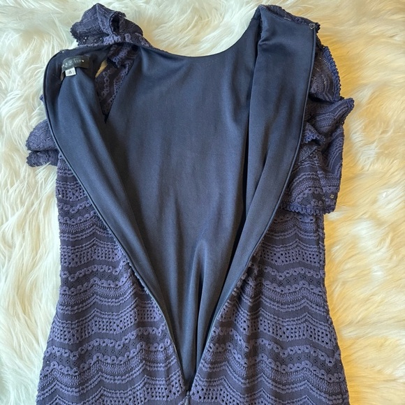 Slate & Willow Lined Midnight Blue Ruffle Sheath Midi Dress Romance Date Night - Picture 8 of 14
